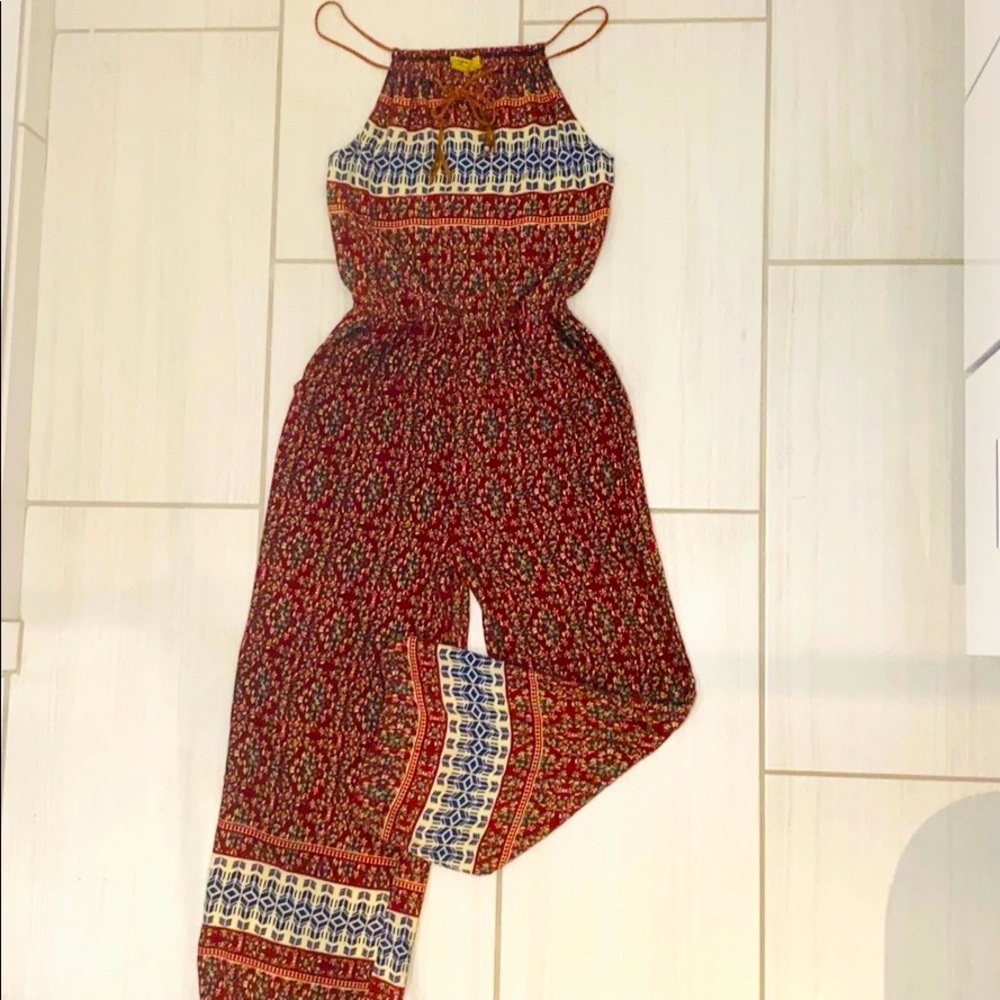 Wine Color Floral Print Cropped Jumpsuit